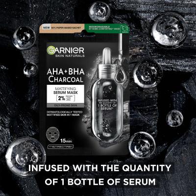 Garnier Skin Naturals AHA + BHA Charcoal Mattifying Serum Mask Μάσκα προσώπου για γυναίκες 1 τεμ