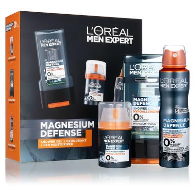 L&#039;Oréal Paris Men Expert Magnesium Defence Σετ δώρου Κρέμα προσώπου ημέρας Men Expert Magnesium Defence 24h Moisturizer 50 ml + αποσμητικό Men Expert Magnesium Defence 150 ml + αφρόλουτρο Men Expert Magnesium Defence Shower Gel 300 ml