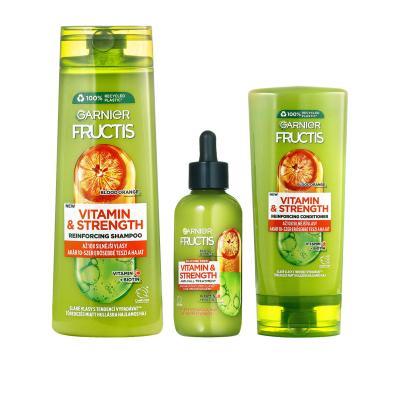 Garnier Fructis Vitamin &amp; Strength Σετ δώρου σαμπουάν Fructis Vitamin &amp; Strength Reinforcing Shampoo 400 ml + μαλακτικό Fructis Vitamin &amp; Strength Reinforcing Conditioner 200 ml + ορός μαλλιών Fructis Vitamin &amp; Strength Θεραπεία κατά της πτώσης 125 ml