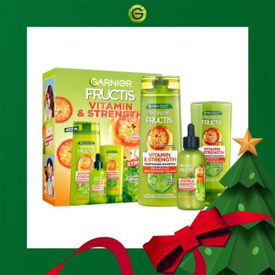 Garnier Fructis Vitamin &amp; Strength Σετ δώρου σαμπουάν Fructis Vitamin &amp; Strength Reinforcing Shampoo 400 ml + μαλακτικό Fructis Vitamin &amp; Strength Reinforcing Conditioner 200 ml + ορός μαλλιών Fructis Vitamin &amp; Strength Θεραπεία κατά της πτώσης 125 ml