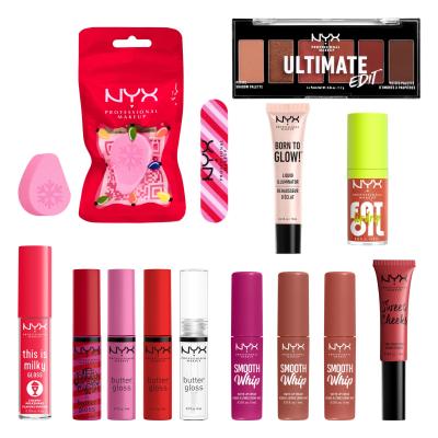 NYX Professional Makeup Fa La La L.A. Land Pull-To-Open Surprise Makeup Box Σετ δώρου lip gloss 5 τμχ + κραγιόν 3 τμχ + ρουζ 1 τμχ + λάδι χειλιών 1 τμχ + highlighter 1 τμχ + παλέτα σκιών + σφουγγάρι μακιγιάζ 1 τεμάχιο + λίμα νυχιών 1 τμχ