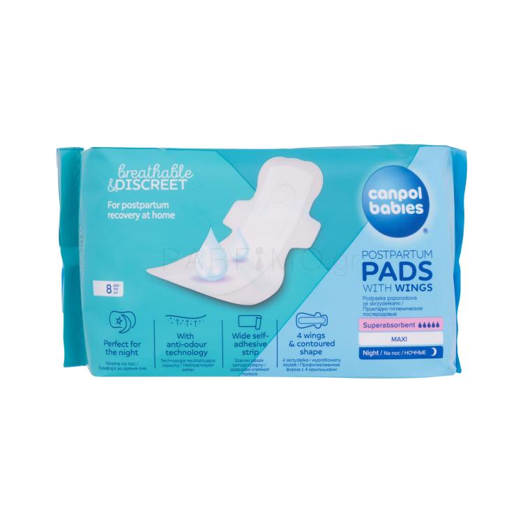 Canpol babies Breathable &amp; Discreet Night Postpartum Pads With Wings Σερβιέτες για εγκυμονούσες για γυναίκες 8 τεμ