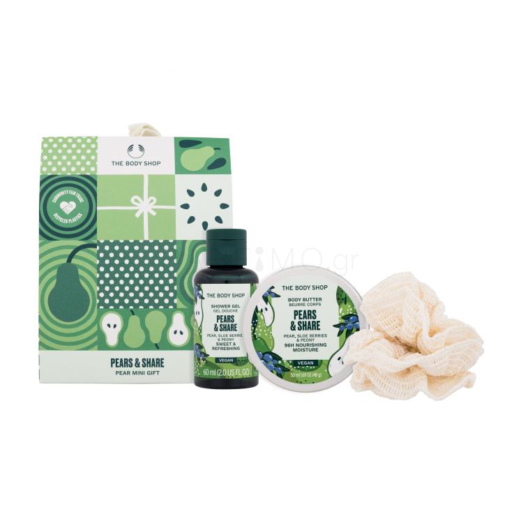 The Body Shop Pears &amp; Share Mini Gift Σετ δώρου Αφρόλουτρο Pears &amp; Share 60 ml + Βούτυρο σώματος Pears &amp; Share 50 ml + σφουγγάρι μπάνιου