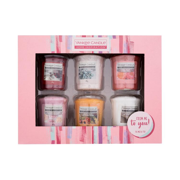 Yankee Candle Home Inspiration Σετ δώρου αρωματικό κερί Cherry Vanilla 49 g + αρωματικό κερί Stony Cove 49 g + αρωματικό κερί Coral Peony 49 g + αρωματικό κερί Sugared Blossom 49 g + αρωματικό κερί Exotic Fruits 49 g + αρωματικό κερί White Linen &amp; Lace 49 g