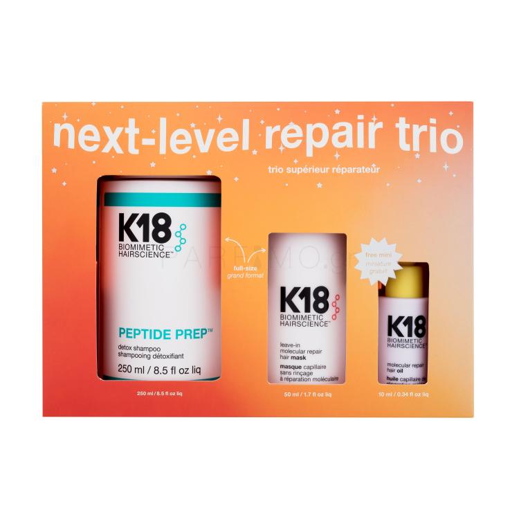 K18 Next-Level Repair Trio Σετ δώρου σαμπουάν Peptide Prep Detox Shampoo 250 ml + μάσκα μαλλιών Leave-In Molecular Repair Hair Mask 50 ml + λάδι μαλλιών Molecular Repair Hair Oil 10 ml