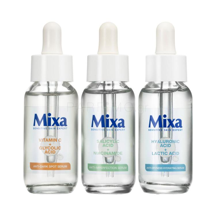 ΕΚΠΤΩΤΙΚΟ ΠΑΚΕΤΟ Ορός προσώπου Mixa Salicylic Acid + Niacinamide Anti-Imperfection Serum + Ορός προσώπου Mixa Hyaluronic Acid + Lactic Acid Anti-Dryness Hydrating Serum + Ορός προσώπου Mixa Vitamin C + Glycolic Acid Anti-Dark Spot Serum