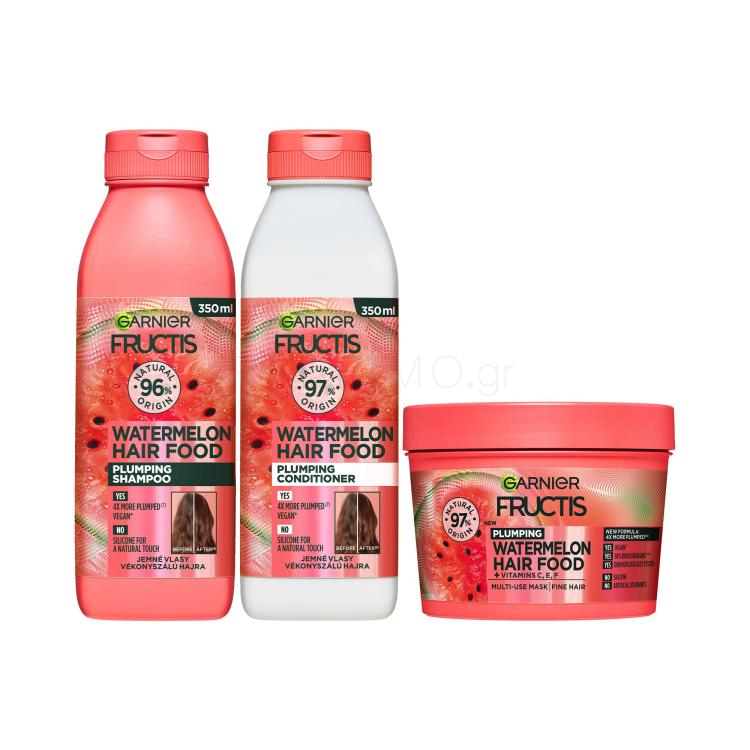 ΕΚΠΤΩΤΙΚΟ ΠΑΚΕΤΟ Σαμπουάν Garnier Fructis Hair Food Watermelon Plumping Shampoo + Μαλακτικό μαλλιών Garnier Fructis Hair Food Watermelon Plumping Conditioner + Μάσκα μαλλιών Garnier Fructis Hair Food Watermelon Plumping Mask