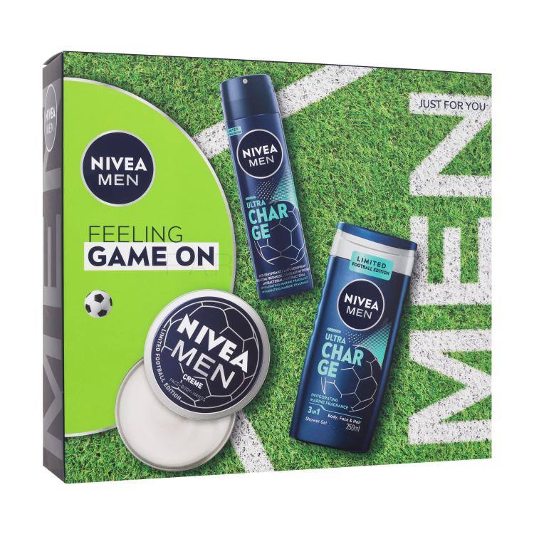 Nivea Men Feeling Game On Σετ δώρου κρέμα προσώπου, σώματος και χεριών Men Creme 150 ml + αντιιδρωτικό Men Ultra Charge 150 ml + αφρόλουτρο Men Ultra Charge 250 ml