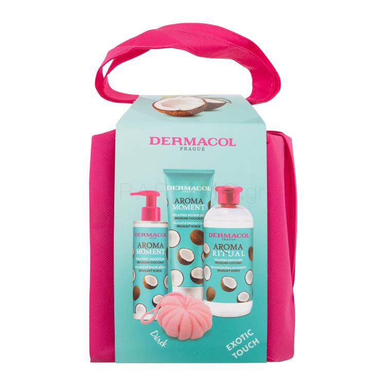 Dermacol Aroma Moment Brazilian Coconut Σετ δώρου αφρόλουτρο καρύδας Βραζιλίας 250 ml + αφρός μπανιέρας καρύδας Βραζιλίας 500 ml + υγρό σαπούνι καρύδας Βραζιλίας 250 ml + σφουγγάρι μπάνιου + τσάντα