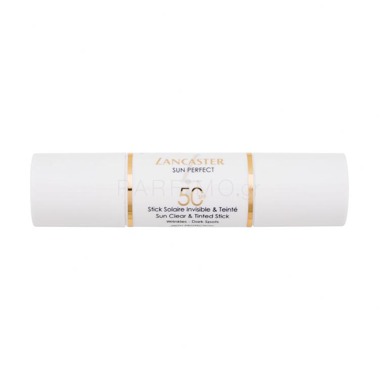 Lancaster Sun Perfect Sun Clear &amp; Tinted Stick SPF50 Αντιηλιακό προϊόν προσώπου για γυναίκες 12 gr ελλατωματική συσκευασία