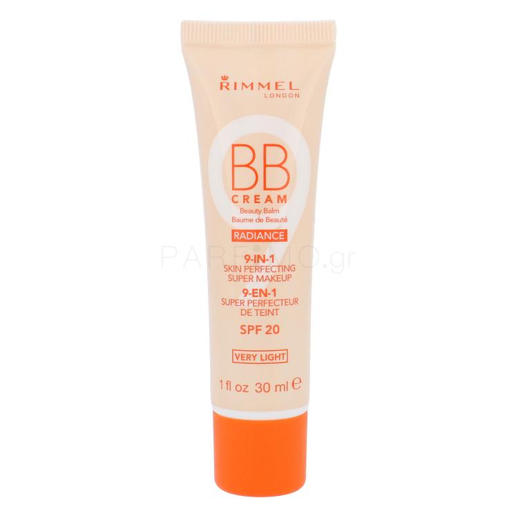 Rimmel London BB Cream Radiance 9in1 SPF20 ΒΒ κρέμα για γυναίκες 30 ml Απόχρωση Very Light