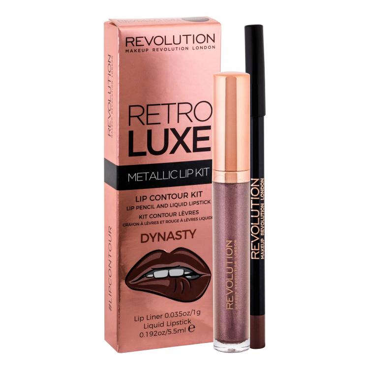 Makeup Revolution London Retro Luxe Metallic Lip Kit Σετ δώρου υγρό κραγιόν 5,5 ml + μολύβι χειλιών για περίγραμμα 1 g