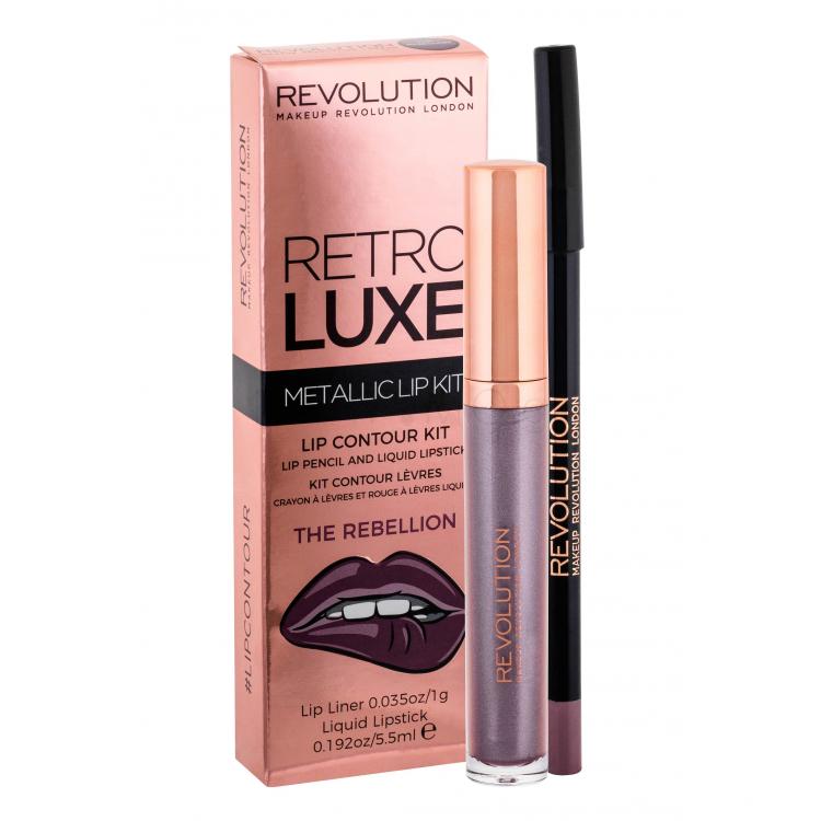 Makeup Revolution London Retro Luxe Metallic Lip Kit Σετ δώρου υγρό κραγιόν 5,5 ml + μολύβι χειλιών για περίγραμμα 1 g