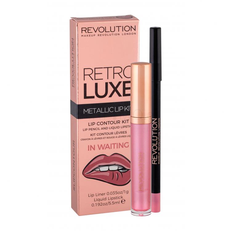 Makeup Revolution London Retro Luxe Metallic Lip Kit Σετ δώρου υγρό κραγιόν 5,5 ml + μολύβι χειλιών για περίγραμμα 1 g