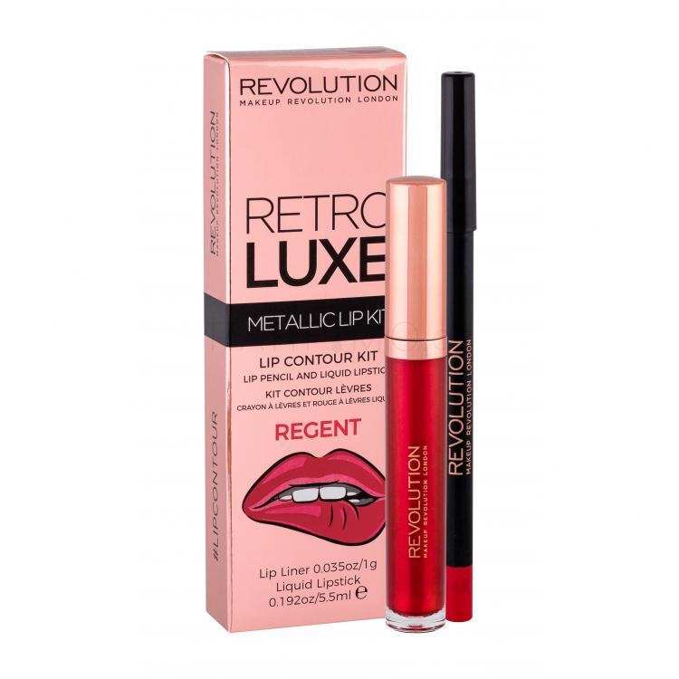 Makeup Revolution London Retro Luxe Metallic Lip Kit Σετ δώρου υγρό κραγιόν 5,5 ml + μολύβι χειλιών για περίγραμμα 1 g