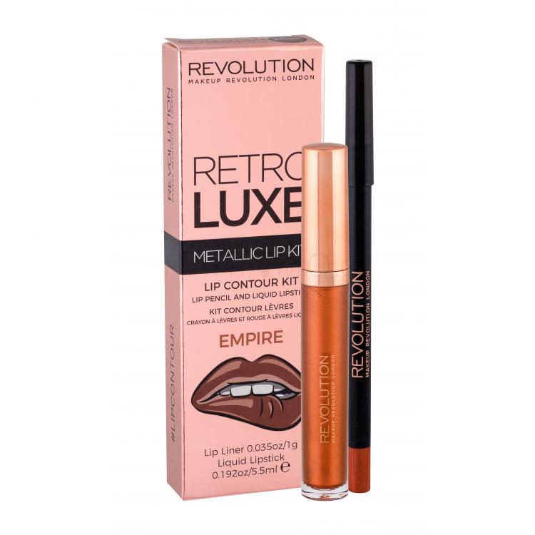 Makeup Revolution London Retro Luxe Metallic Lip Kit Σετ δώρου υγρό κραγιόν 5,5 ml + μολύβι χειλιών για περίγραμμα 1 g